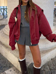 Vintage Contrast Stitch Lapel Long Sleeve Jackets Women Loose Solid Zipper Pu Leather Jacket 2024 Female Autumn High Streetwear voguable