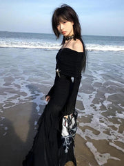 Voguable Black Slash Neck Party Dresses Elegant Fashion Ruffled Side Slit Slim Long Dress Off Shoulder Women Vacation vestidos voguable
