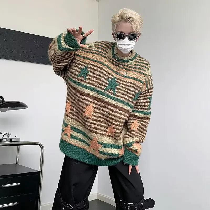 Voguable Y2K Star Sweater Men Harajuku Striped Knitted Pullovers Jumpers Male Tops Oversize Purple Winter Streetwear Hip Hop voguable