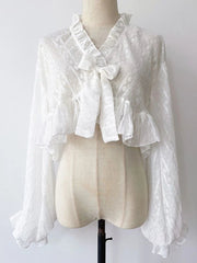 Lolita Sweet Sun Proof Shirt Women Cute Bow Lantern Sleeve Cropped Blouse Japan Kawaii Casual Elegant Jk Open Stitch Tops voguable