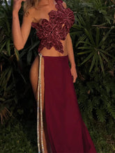 Voguable Sequin Flowers Y2K 2Piece Set Women Sexy Beach Vacation Chic Skew Collar Tank Tops+Bandage Maxi Split Skirts Clubwear voguable