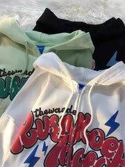 Deeptown American Retro Zip Up Graphic Hoodies Women Streetwear Loose Letter Printed Hooded Sweatshirts Hiphop Thin Top voguable