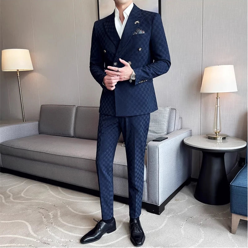 Voguable （Jacket+Vest+Pants）Classic Plaid Korean Slim-fit Men's High-end Banquet Dress Suit Fashion Men Formal Business Social Host Suit voguable