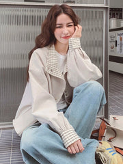 Korean Sweet Chic Jacket Women Loose Fall Long Sleeve Elegant Short Coat Fashion Plaid Patchwork Preppy Style Cute Outwear Tops voguable