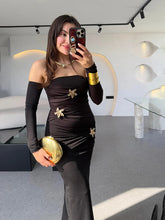 Metal Buckle Strapless Sexy Maxi Dress For Women Off-shoulder Backless Long Sleeve Ruched Bodycon Club Long Dress voguable