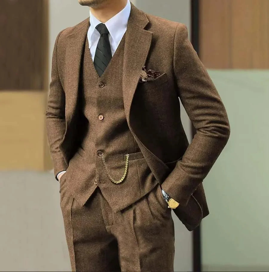 Voguable Retro Tweed Herringbone Suit Men's Slim Fit Single-breasted 3 Pieces Mens Suit Groom Dress Tuxedos Prom Suit Jacket Vest Pants voguable