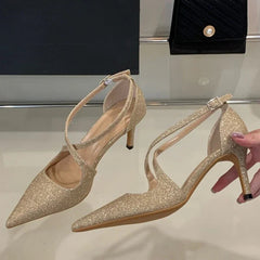 Voguable Bling Sequin Cloth Pointed Toe Women Pumps Elegant Buckle Strap Thin Low Heels Party Prom Mules Shoes voguable