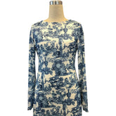 Voguable Printed Sexy Backless Mini Dress Women Chic Round Neck Flared Sleeves Waist Cinching Bodycon Gowns Lady Street Outwears voguable