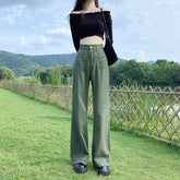 Korean Fashion Loose Versatile Wide Leg Jeans Women High Waist Solid Pocket Zipper Summer Thin Casual Straight Full Length Pants voguable