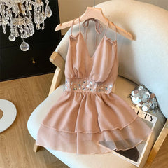 Voguable Sweet Hanging Neck Diamond Tops For Women Sexy Sleeveless Camisole Shirt Fashion Ruffles Pullovers Blouse voguable
