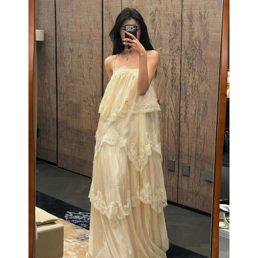 Voguable Romantic Wild Lace Strap Backless Fairy Long Dress Women's High Waist Vintage Style Breathable Summer Spring Beach Date Casua... voguable