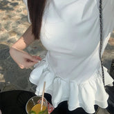 Women Patchwork Fringed Ruffles O-neck Cotton Tshirt Womans Summer Clothes Elegant Solid Shirt Women Slimming Short Sleeve Tee voguable