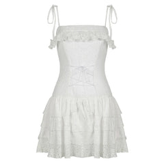 Voguable French Jacquard A-line Tiered Mini Dress Women Coquette Chic Ruffle Spaghetti Straps Layered Sundress Holiday Party voguable