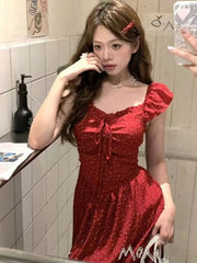 Women's Sexy Hotgirl Dot Dresses Summer French Slash-Collar Slim Fit Hollowed Waist Lace-up A-Line Short Skirt 2025 New Fashion voguable