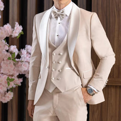Voguable Men Suit 3 Pieces Beige With White Lapel For Wedding Birthday Business Banquet Office Work Tuxedo Set Jacket Vest With Pant voguable