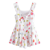 Voguable Summer U Collar White Print Flower Sleeveless Bodysuits Women Ruched Ruffles Hem Skirt-shorts Jumpsuit Tank Romper Overalls voguable