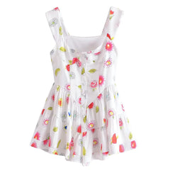 Voguable Summer U Collar White Print Flower Sleeveless Bodysuits Women Ruched Ruffles Hem Skirt-shorts Jumpsuit Tank Romper Overalls voguable