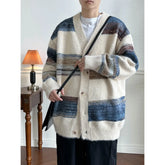 Autumn Stripe Patchwork Knit Sweater Cardigan Men and Women American Retro V-neck Loose Button Couple Sweater Cardigans Coat voguable