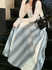 Sweet Lace Patchwork Long Skirts Women Korean Loose High Waist Skirt Casual Design Striped Plaid Elegant Female Skirts New voguable