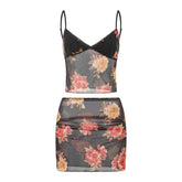 Women's Summer Set Sleeveless V Neck Low Cut Cami Tops + Elastic Waist Flower Print Mini Skirt 2 Piece Outfits voguable