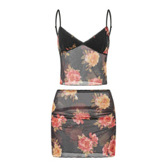 Women's Summer Set Sleeveless V Neck Low Cut Cami Tops + Elastic Waist Flower Print Mini Skirt 2 Piece Outfits voguable