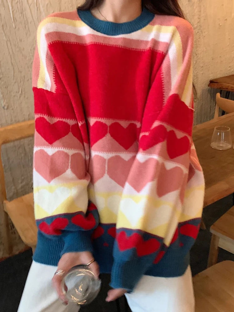 Voguable Cute Love Print Knitted Sweaters Women Fashion Patchwork Korean Sweet Tops Oversize Loose Long Sleeve Lady Casual Jumpers voguable