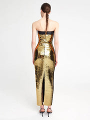 Guest Wedding Party Dress Women Strapless With Black Belt Luxury Gold Sequins Slip Ankle Length Long Dress voguable