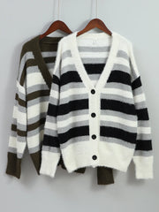 Striped Velvet V Neck Sweater Jacket For Men Fashion Casual Long Sleeve Single Breasted Mohair Coat Chic Warm Knitted Cardigan voguable