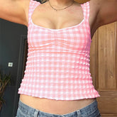 y2k Tops for Women Summer Fairycore Clothing Plaid Print Lace Trim Sleeveless Tanks T Shirts 2000s Clothing Streetwear voguable