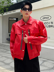 Voguable 2024 Trendy Metal Buckle Decorate Splicing Design Casual Leather Jacket Men's High Street Handsome Stylish PU Coat voguable