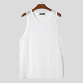 Men Tank Tops Lace Transparent O-neck Sleeveless Male Vests Streetwear Summer Sexy Fashion Men Clothing Tops S-5XL voguable