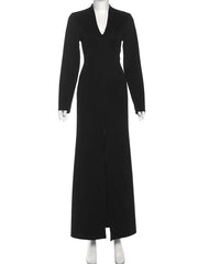 Voguable Single-Button Maxi Dress Women Front Split Full Sleeve v-Neck Elegant Classic Office Streetwear Fashion Slim Vestidos voguable