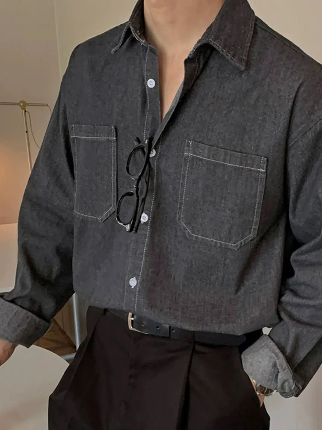 Voguable Korean Style Slim Fit Long Sleeve Denim Shirt Men's Casual Workwear Hard Cloth Jacket Double Pocket Retro American Leisure voguable