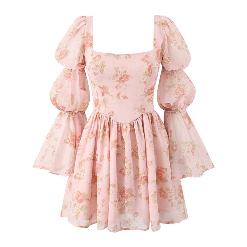 Floral Print Mini Dress Women Square Collar Sexy Backless Long Sleeve Dress Autumn French Elegant Party Clubwear