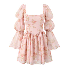 Floral Print Mini Dress Women Square Collar Sexy Backless Long Sleeve Dress Autumn French Elegant Party Clubwear