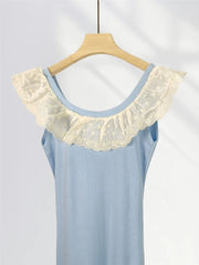 Peter Pan Collar Ruffle Knit Long Dress 2025 Blue Embroidery Patchwork Sweet Chic Tank's Dress Sleeveless Slim Summer Dresses voguable