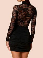 Voguable Sexy Sheer See Through Black Lace Dress for Women Spring Fashion Turtleneck Long Sleeve Retro Party Prom Dresses Bodycon voguable