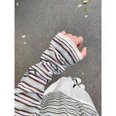 Summer Autumn Sun Protection Long Sleeve Women's Korean Style Color-blocking Striped Ice Silk Loose Top Simple Casual T-Shirt voguable