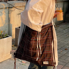 Drawstring Vintage Pleated Women Backpacks Y2k Aesthetic Plaid Grunge Shoulder Bags High-capacity Harajuku Handbags Crossbody voguable