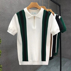 New Men's Clothing Light Luxury Knit Striped Zipper Polo Shirt Business Leisure Short Sleeve Korean Popular Retro Knitwear M-3XL voguable