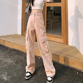 Voguable Women Fashion Cargo Jeans Summer High Waist Solid Slim Fit Pocket Denim Pants Simple Casual Streetwear Chic Female Trouser New voguable