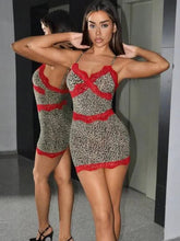 Red Lace Patchwork Dress Women Leopard Print Sexy Backless Sleeveless Summer Trend Midnight Stretch Clubwear Bodycon voguable