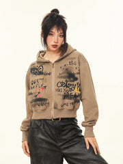 Harajuku Y2K Cropped Hooded Women Vintage Streetwear Print Long Sleeve Sweatshirts Hip Hop Gothic American Retro Bf Tops voguable