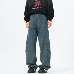 Patchwork style Men's Baggy Straight Jeans Personality unisex Fashion Korean High Street Denim Pants Streetwear Male Trousers