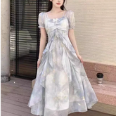 Voguable French Ruffle Printed Long Dress Square Collar Off Shoulder Fairy Dress Slim Summer Short Sleeve Women Casual Vacation Dress voguable