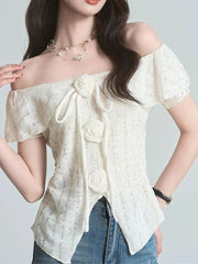 3D Floral Ruffles Sweet T Shirt Women Slim Sexy Cropped Short Sleeve Chic Tees Tops Korean Fashion Elegant Female T Shirts voguable