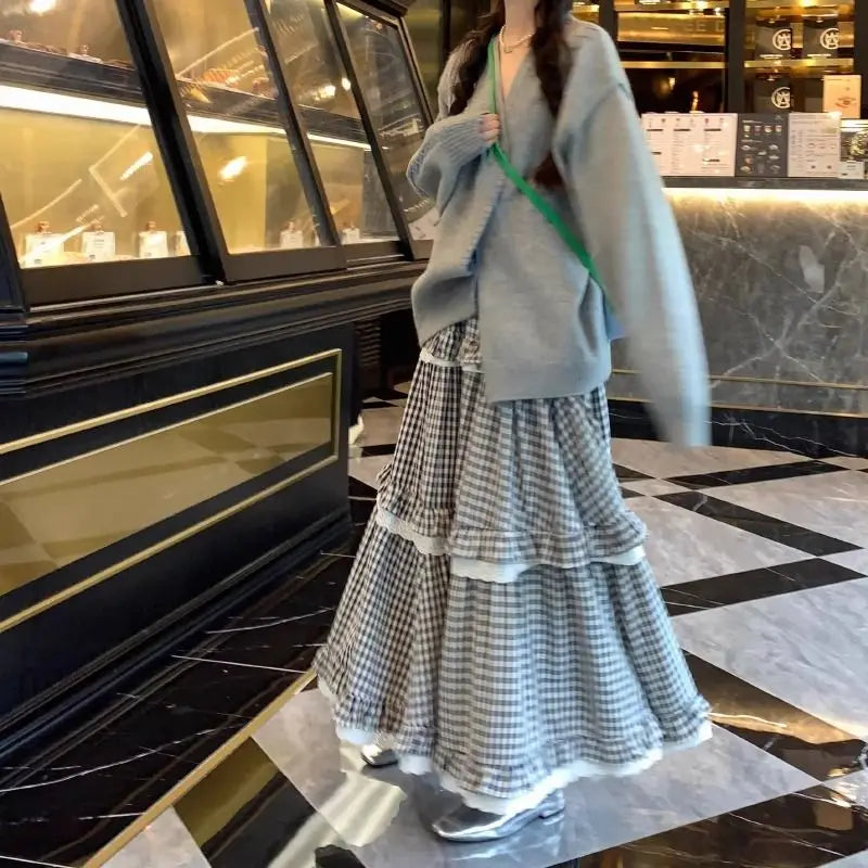 Kawaii Harajuku Plaid Skirt Women Preppy Style Sweet Long Skirts Retro Lace Patchwork A-line Ruffle Skirts Streetwear voguable