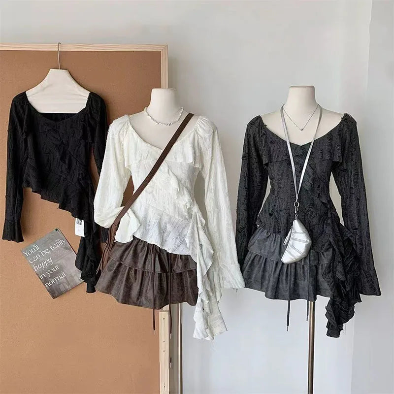 Irregular Patchwork Women T Shirts Y2K Fashion Gothic Ruffled Sleeve Female Tops Streetwear Sexy Hollow Out Hole Casual Tees New voguable