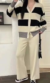 Spring New Women Sweater Set Casual Cardigans Suits Winter Knitted Loose Long Sleeve Striped Patchwork Tops Wide Leg Pants voguable