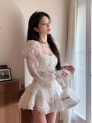 Voguable French Sweet White Y2k Mini Dress Women Summer Long Sleeve Beach Style One Piece Dress Korean Fashion Japanese Kawaii Chic voguable